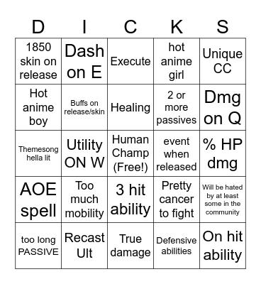 LoL new champion Bingo Card