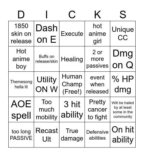 LoL new champion Bingo Card