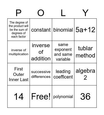 Polynomial Connect 4 Bingo Card