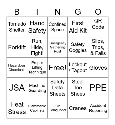 Safety Bingo Card