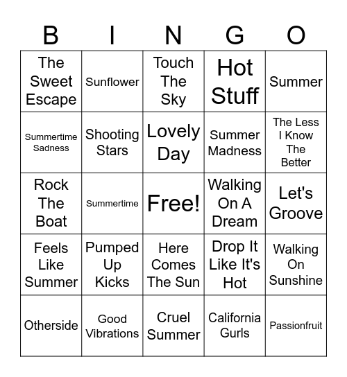 Summertime Songs Bingo Card