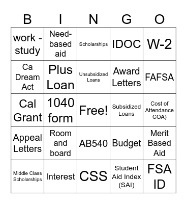 Financial Aid Bingo Card