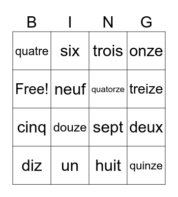 Les Numeros 1-20 Bingo Card