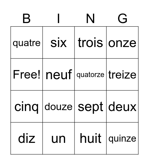 Les Numeros 1-20 Bingo Card