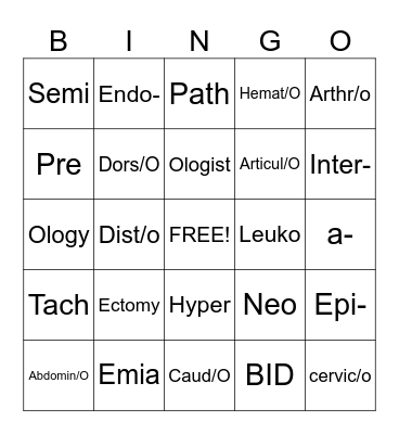 Medical Terminology Bingo Card