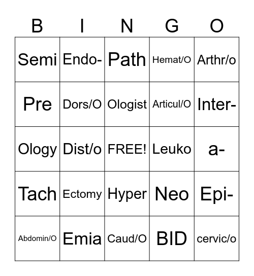 Medical Terminology Bingo Card