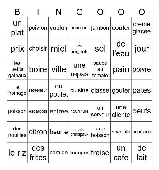 La nourriture Bingo Card