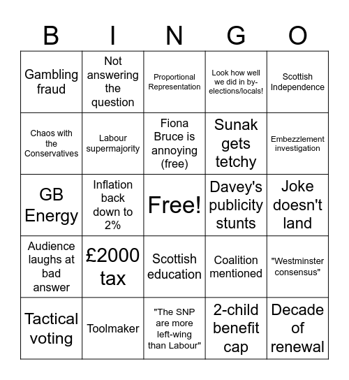Question Time Special Bingo Card
