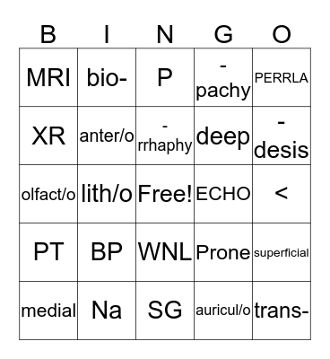 MA Academy Medical Terminology Bingo Card