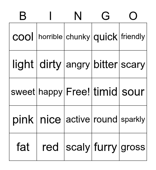 Adjective Bingo Card