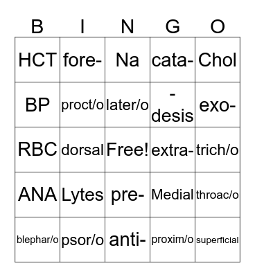 MA Academy Medical Terminology Bingo Card