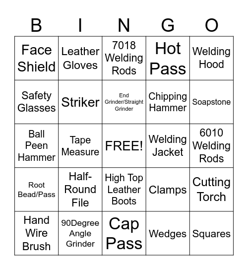 Welder Tools/Safety PPE Bingo Card