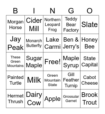 VERMONT Bingo Card
