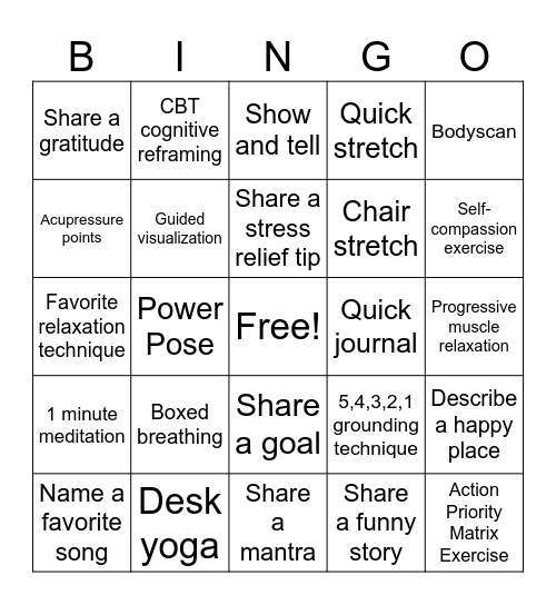 Stress Relief Bingo Card