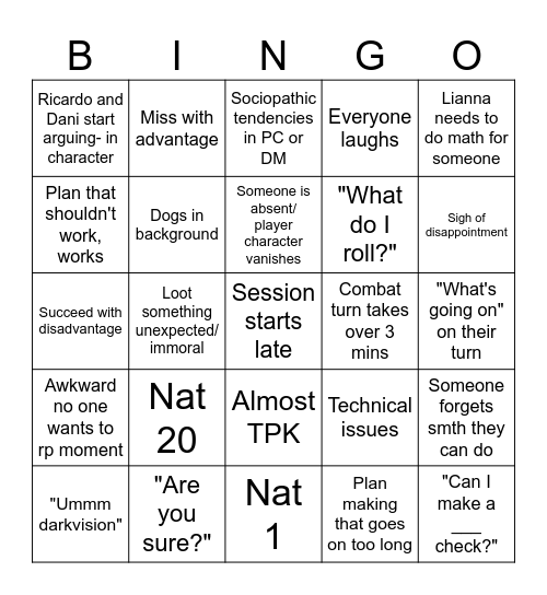 D&DGO Bingo Card