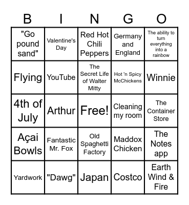 Ella and Hunter Bingo Card