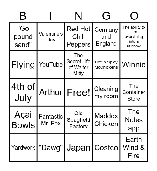 Ella and Hunter Bingo Card