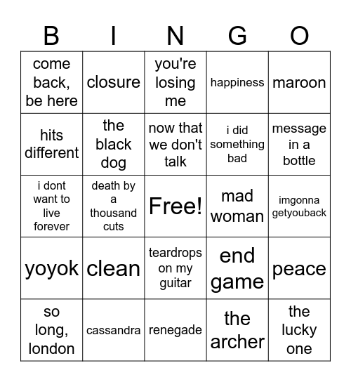 london surprise songs bingo Card