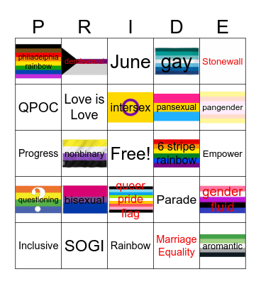 Pride Flag Bingo Card