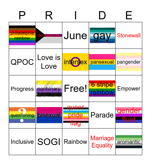 Pride Flag Bingo Card