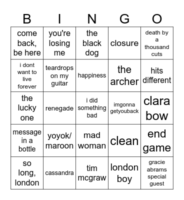 london surprise songs Bingo Card