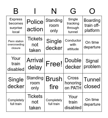 NJ Transit Bingo Card