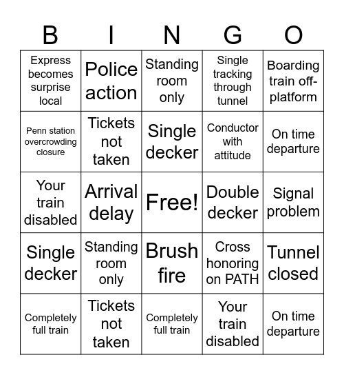 NJ Transit Bingo Card