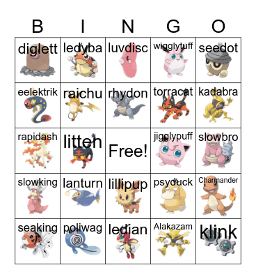 Pokemon Pics and Names Bingo Card