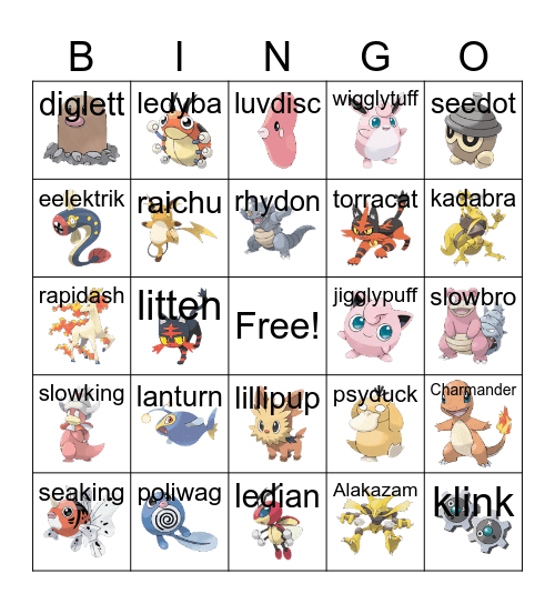 Pokemon Pics and Names Bingo Card