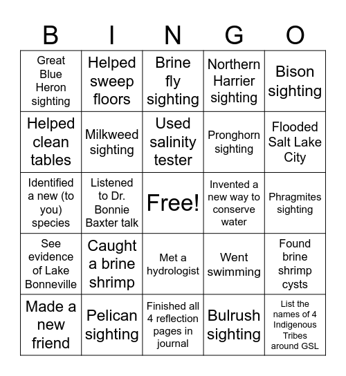 Great Salt Lake Bingo Card