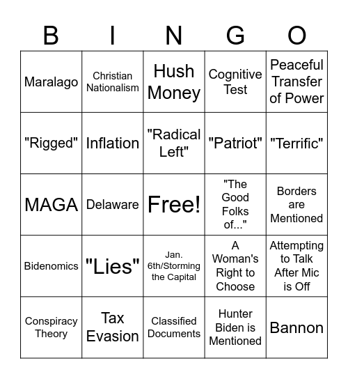 Presidential Debate Bingo Card