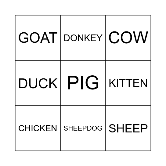 Farm Animal BINGO! Bingo Card