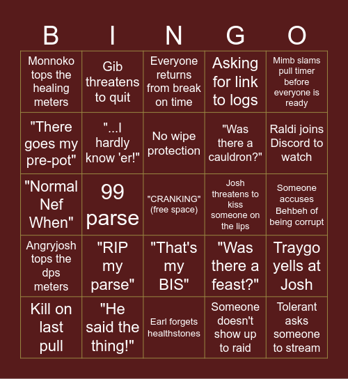 Modest Raid Bingo Card