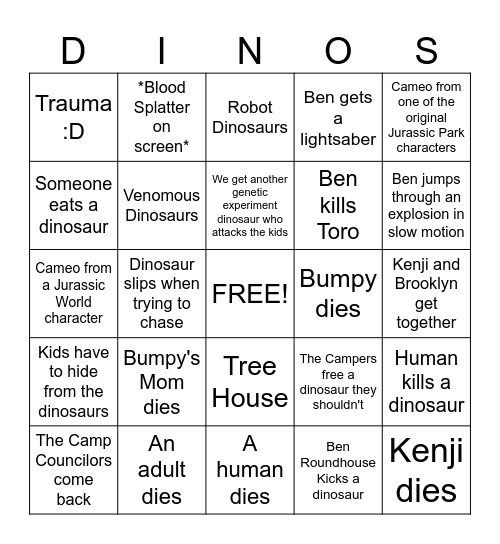 Camp Cretaceous Bingo Card