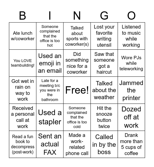 Workplace Bingo Card