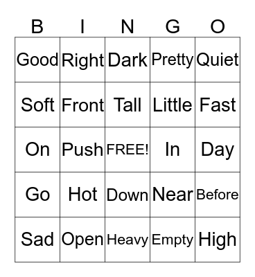 Opposite bingo Card