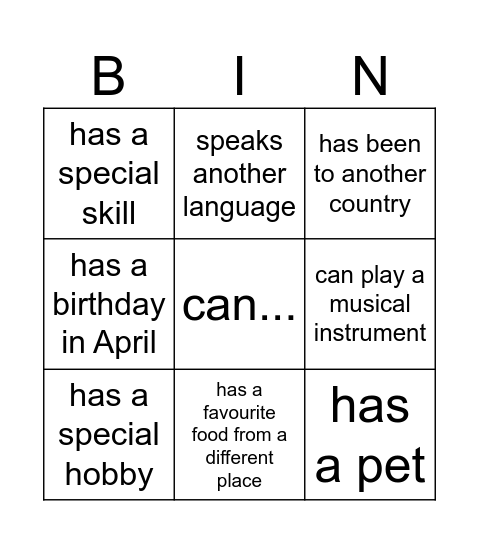 Uniqueness Bingo Card