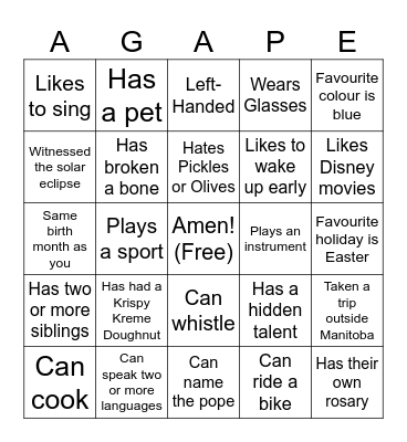 Camp Agape Bingo! Bingo Card