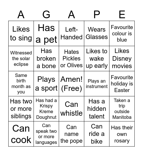 Camp Agape Bingo! Bingo Card