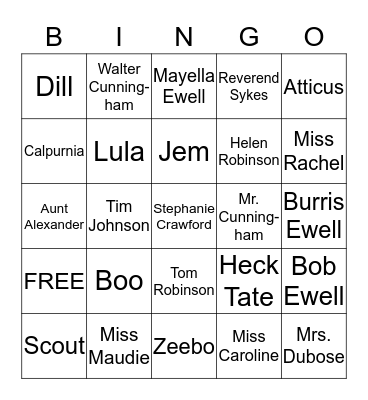 To Kill a Mockingbird Characters Bingo Card