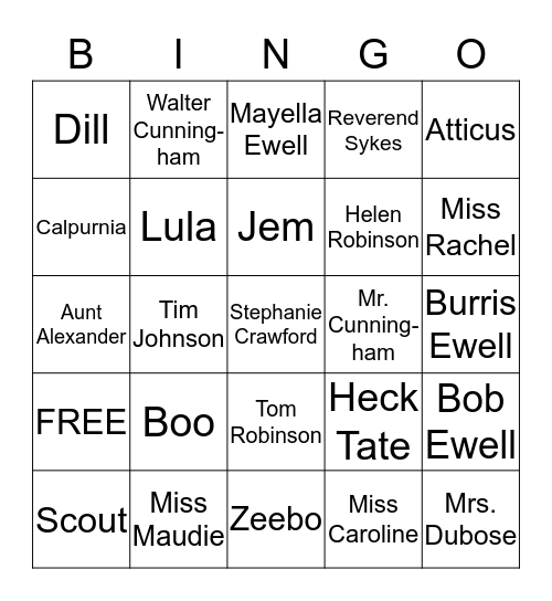 To Kill a Mockingbird Characters Bingo Card