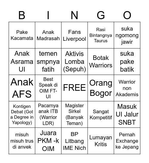 Bingo Person no. 1 Bingo Card