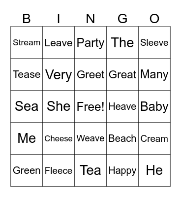 EE, EA, E, Y Bingo Card