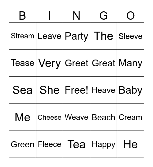 EE, EA, E, Y Bingo Card