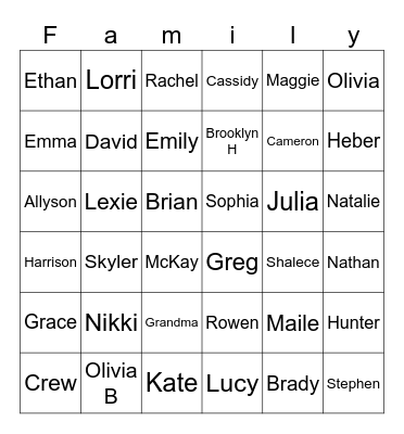 Webb Family Bingo Card