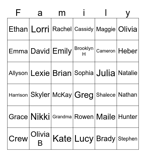 Webb Family Bingo Card