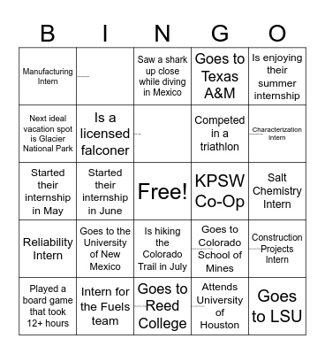 Meet the Interns Bingo - KPSW Bingo Card