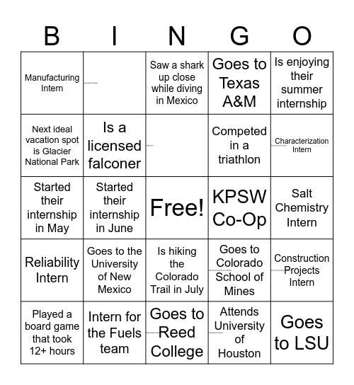 Meet the Interns Bingo - KPSW Bingo Card