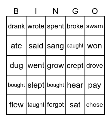 Irregular Verbs Bingo Card