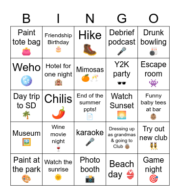 Hot Girl Summer Bingo Card